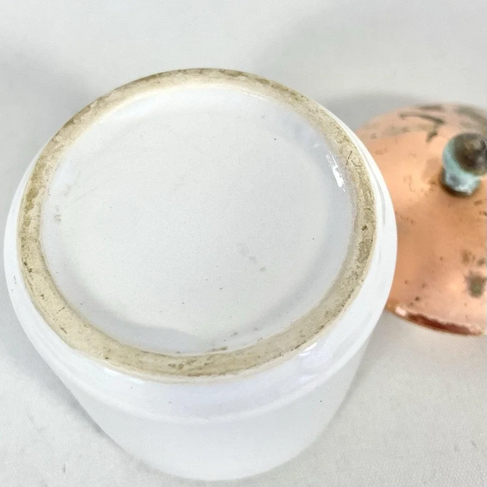 Vintage‎ White Ceramic Mini Canister Copper Lid Rustic Farmhouse Decor